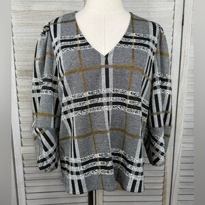 CURRENT AIR (Anthropologie) Plaid Structured Top V Neck 3/4 Sleeve-Medium
